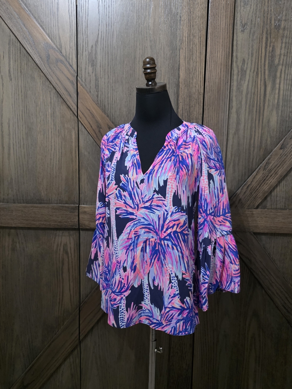 Lilly Pulitzer Pink and Blue Palm Print V-Neck Bell Sleeve Top